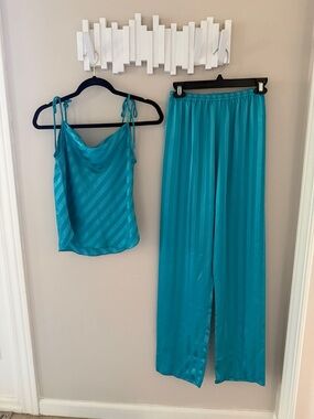 Prima Vintage 2 Piece Silky Striped Set Teal Size S Resort Lounge Y2K Style